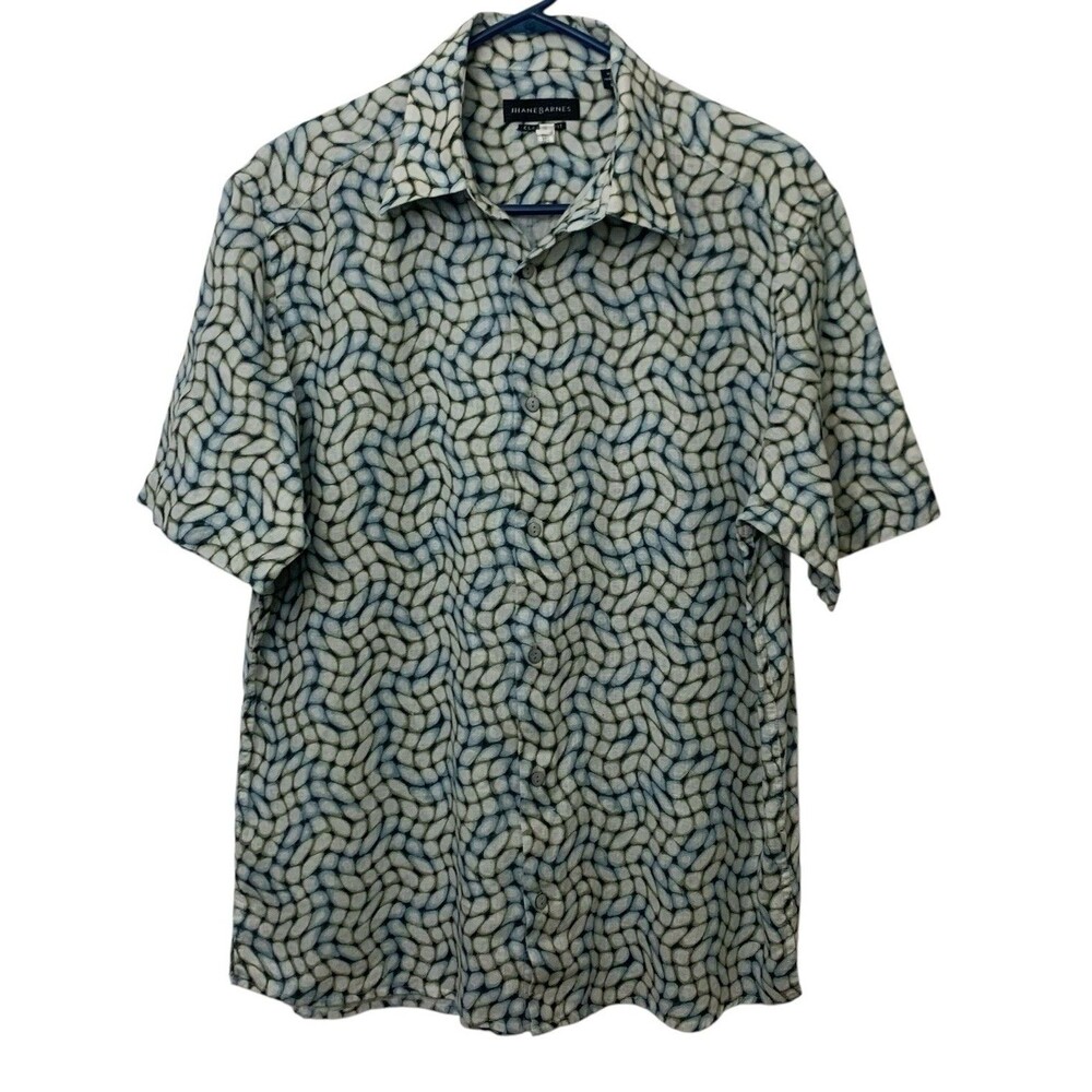 Jhane Barnes Classic Fit Shirt Mens L Blue Beige Geo Print Linen Short Sleeve